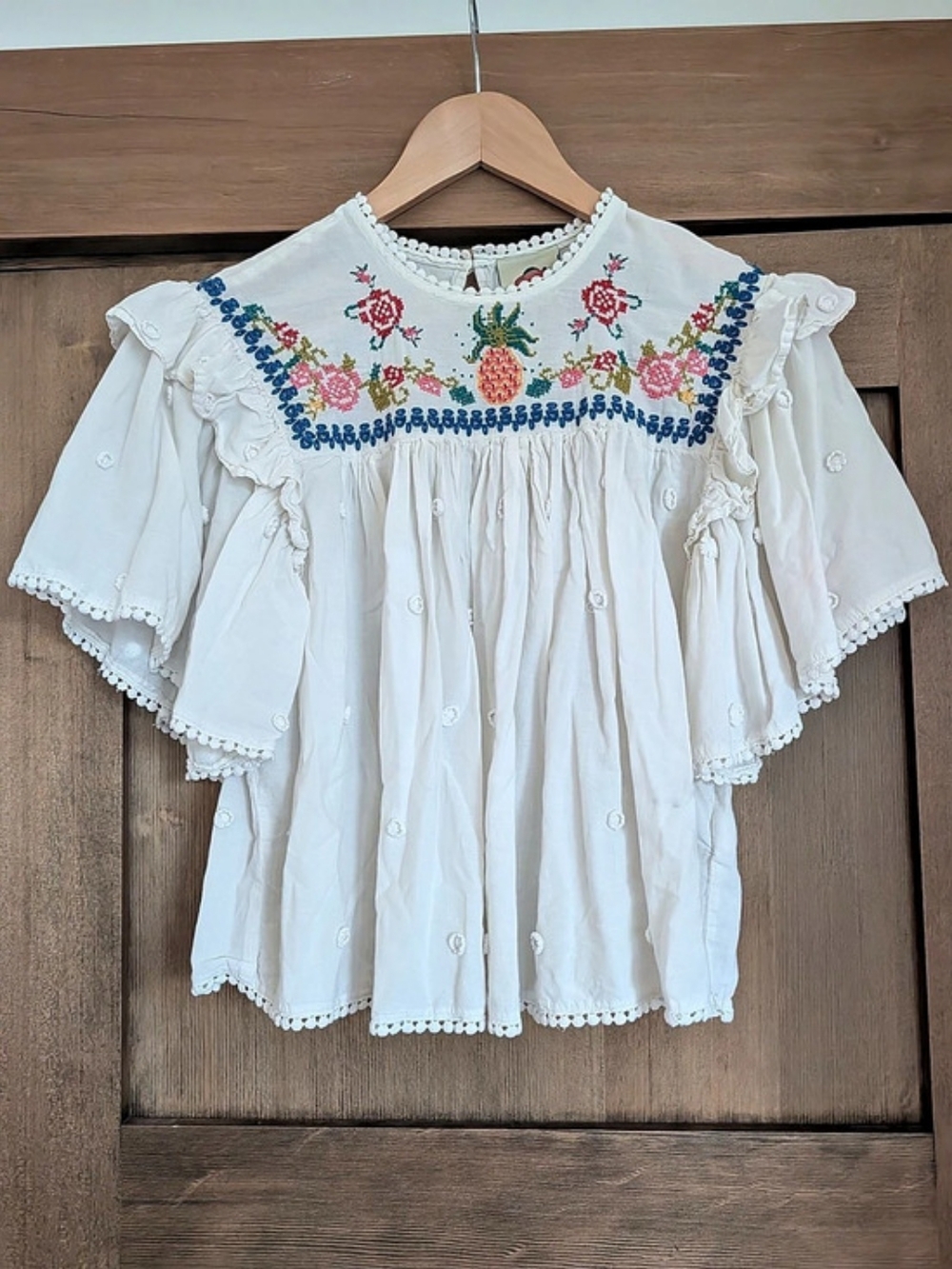Farm Rio Embroidered Floral Blouse White & Blue Size XS